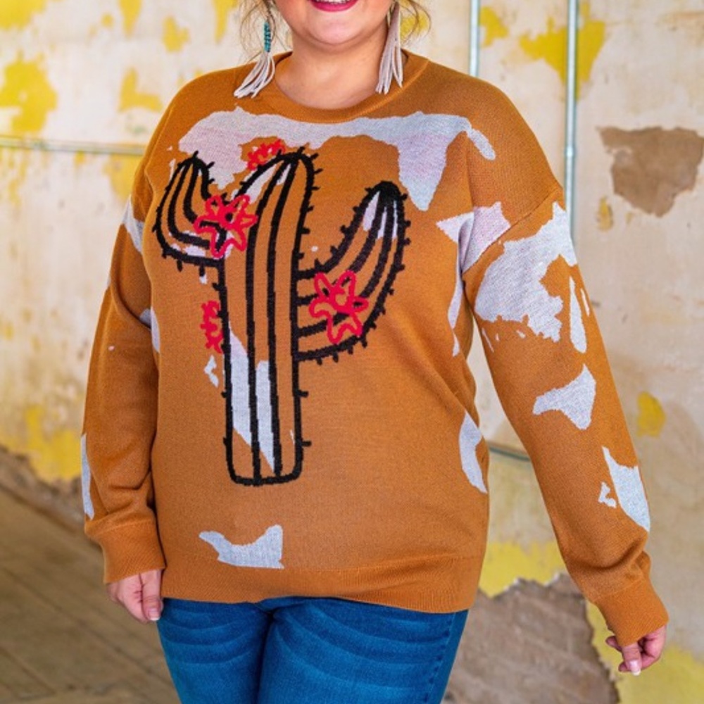 Lucky & Blessed L&B Cactus Tan Printed Graphic Sweater